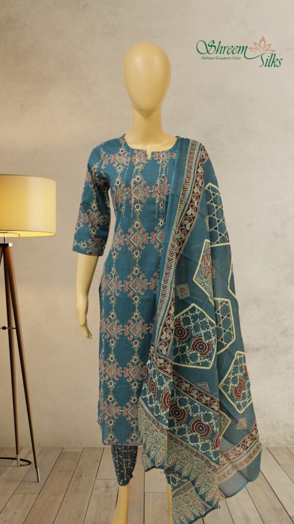 Peacock Blue with Kalamkari Prints Cotton Kurta Set