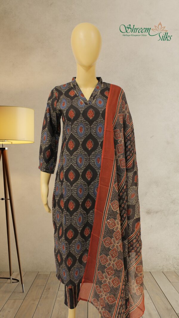 Black with Ajrakh Prints & Sequence Work Cotton Kurta Set