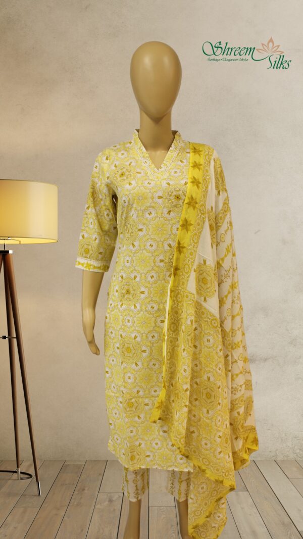 Yellow with White Prints Cotton Kurta Set