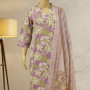 Lavender with Green Floral Prints Cotton Kurta Set