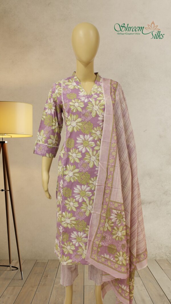 Lavender with Green Floral Prints Cotton Kurta Set