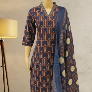 Blue & Maroon Printed Cotton Kurta Set