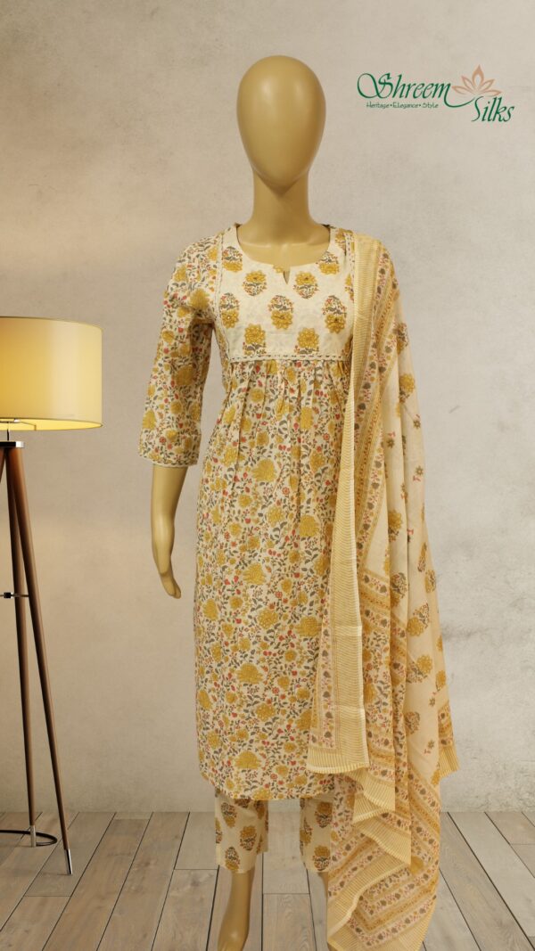 Cream with Yellow Floral Prints Cotton Kurta Set