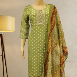 Olive Green with Mirror Work and Bandhani Prints Crepe Kurta Set