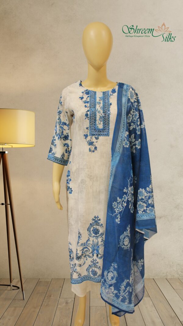 Grey and Blue with Embroidery and Prints Kurta Set