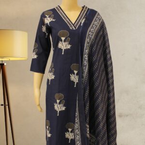 Navy Blue Printed with Embroidery and Mirror work Kurta Set