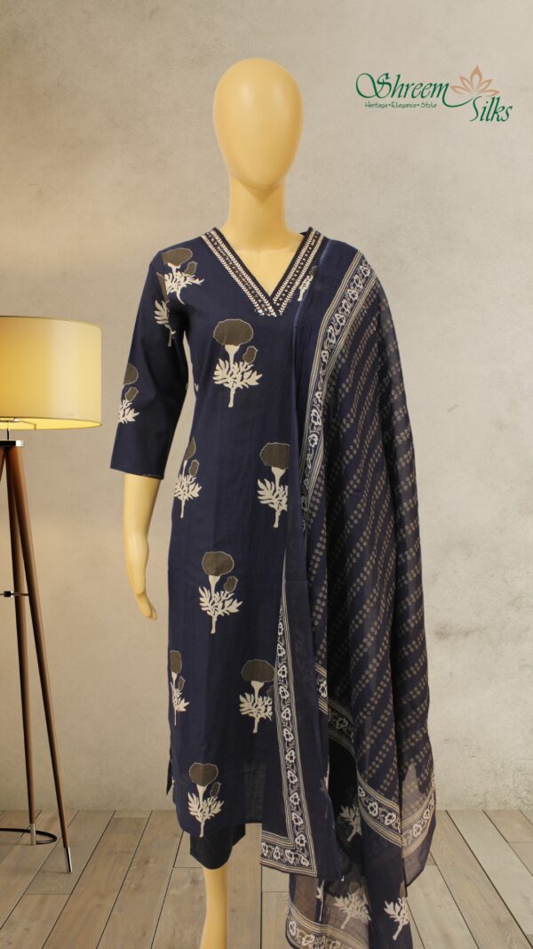 Navy Blue Printed with Embroidery and Mirror work Kurta Set