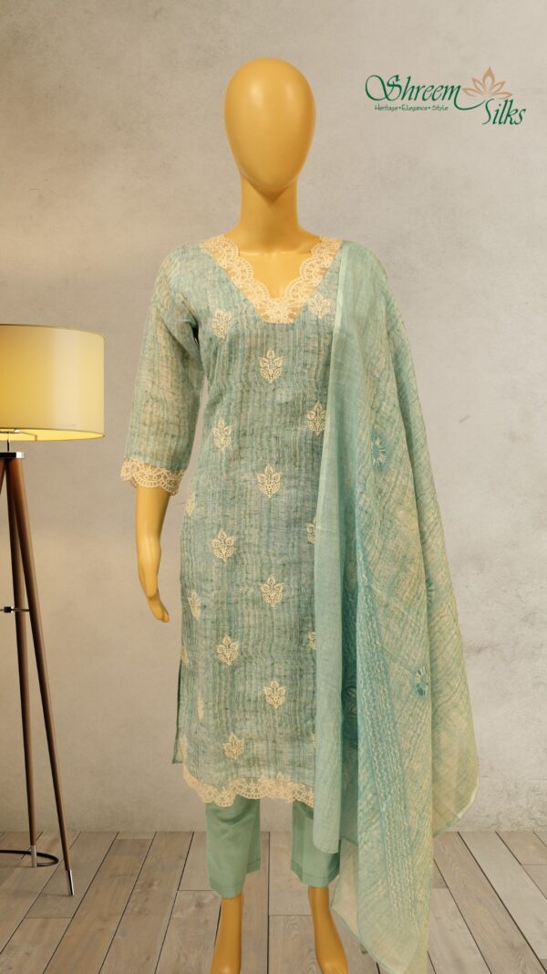 Sea Green with Embroidery Linen Kurta Set