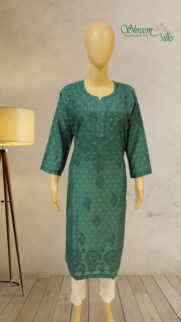 Bottle Green Chikankari with Zari Buttas Chanderi Kurta