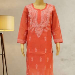 Orange Chikankari Cotton Kurta with Slip