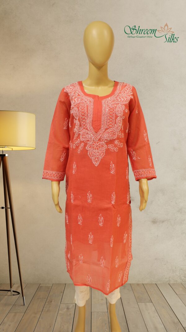 Orange Chikankari Cotton Kurta with Slip