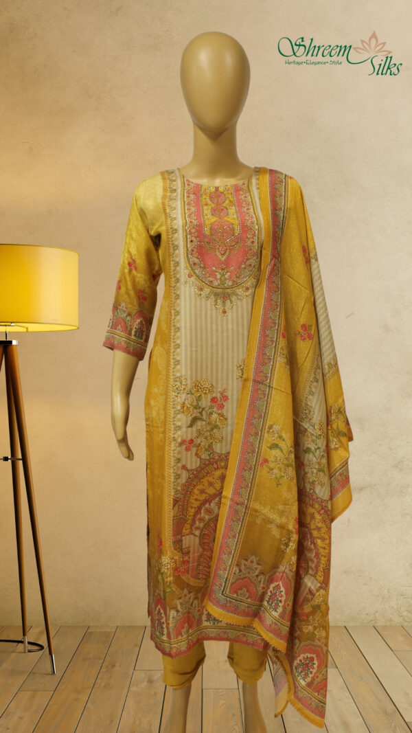 Mustard & Peach Printed with Cut Dana Work Kurta Set