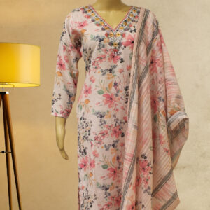 Baby Pink with Multicolor Floral Prints with Embroidery Work Kurta Set
