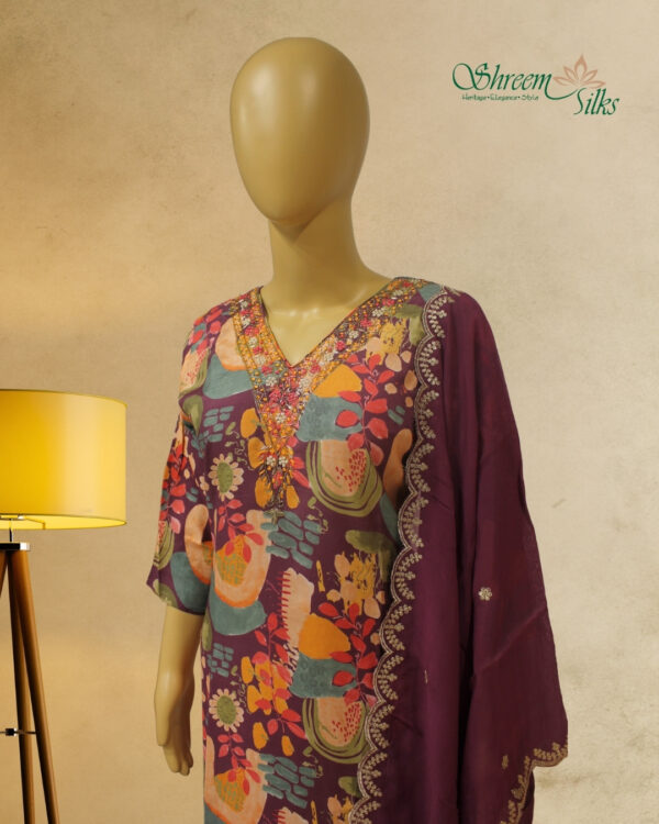 Multicolor Printed with Neck Embroidery Kurta Set - Image 2