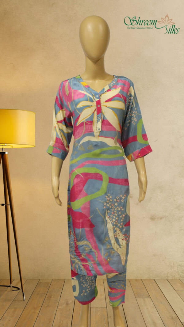 Blue & Pink Prints with Zardosi Work Kurta Set