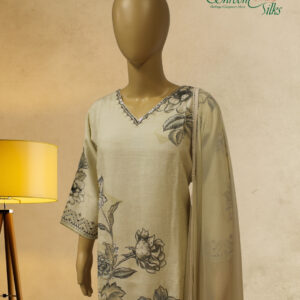 Alternative view of Cream & Black Printed with Neck Embroidery Kurta Set