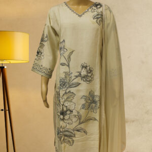 Cream & Black Printed with Neck Embroidery Kurta Set