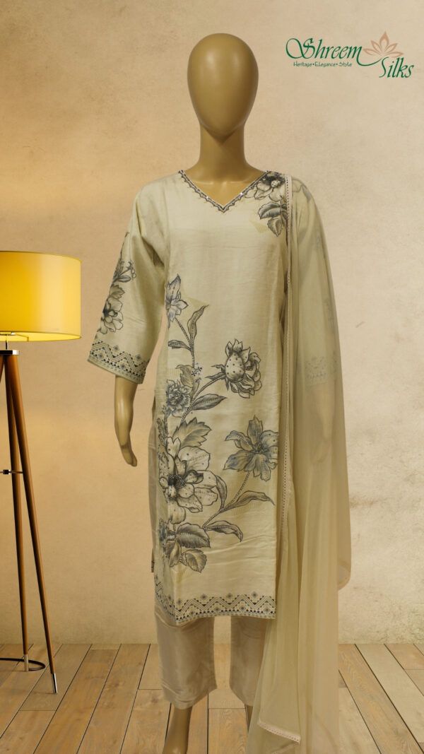 Cream & Black Printed with Neck Embroidery Kurta Set