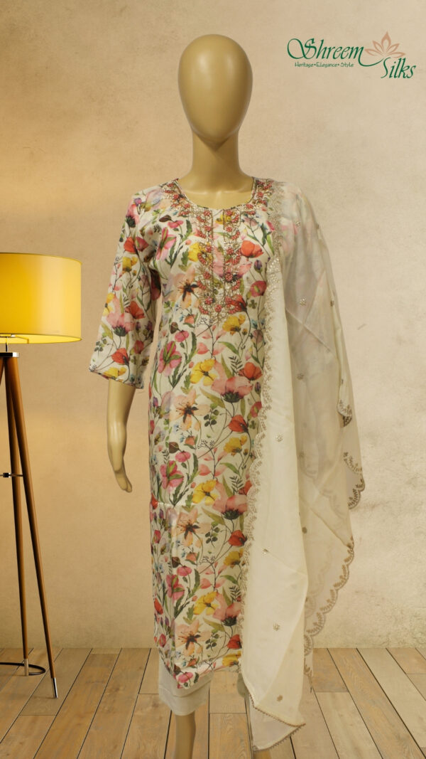 Cream with Multicolor Floral Prints with Neck Embroidery Kurta Set