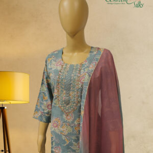 Alternative view of Teal & Multicolor Prints with Pearl & Zardosi Neck Work Kurta Set