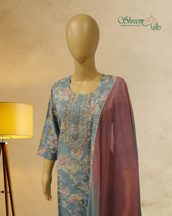 Teal & Multicolor Prints with Pearl & Zardosi Neck Work Kurta Set - Image 2