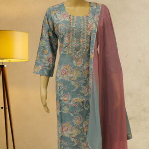 Teal & Multicolor Prints with Pearl & Zardosi Neck Work Kurta Set