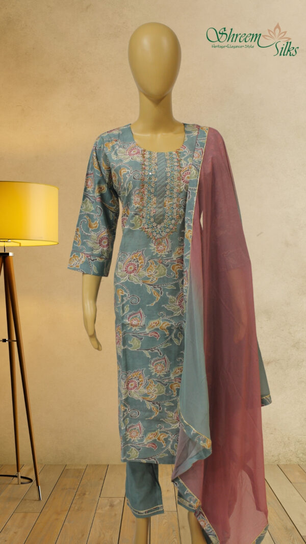 Teal & Multicolor Prints with Pearl & Zardosi Neck Work Kurta Set