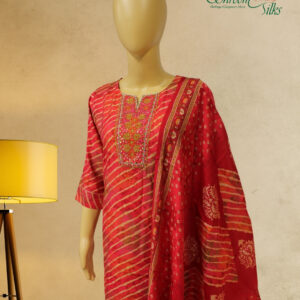 Alternative view of Pink & Orange Diagonal Striped with Neck Embroidery Kurta Set