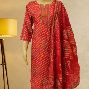 Pink & Orange Diagonal Striped with Neck Embroidery Kurta Set