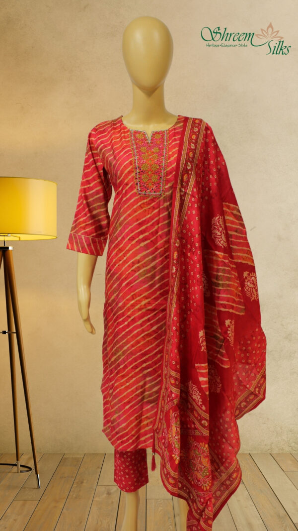 Pink & Orange Diagonal Striped with Neck Embroidery Kurta Set