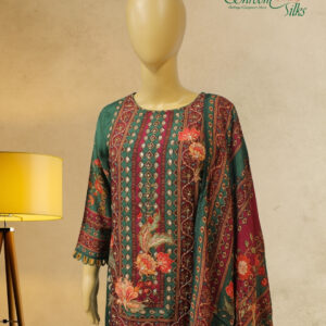 Alternative view of Green & Maroon Printed with Mirror Work Kurta Set