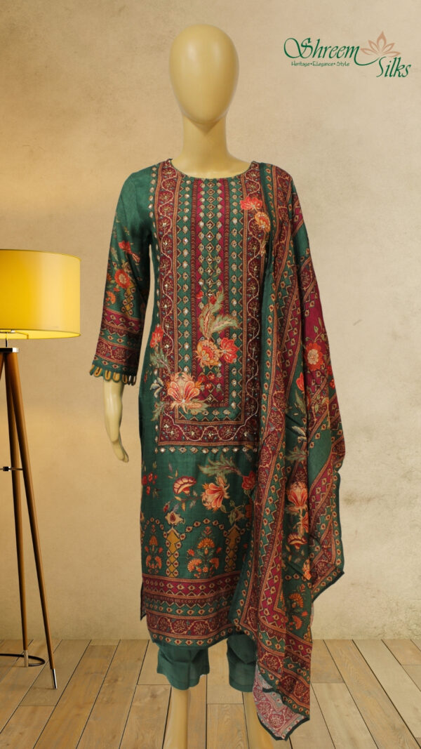 Green & Maroon Printed with Mirror Work Kurta Set