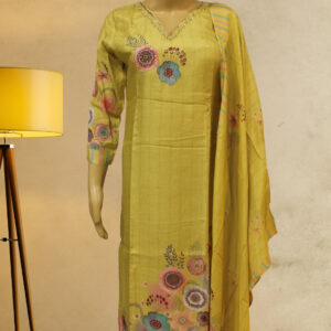 Yellow Floral Prints with Zardosi Neck Embroidery Kurta Set
