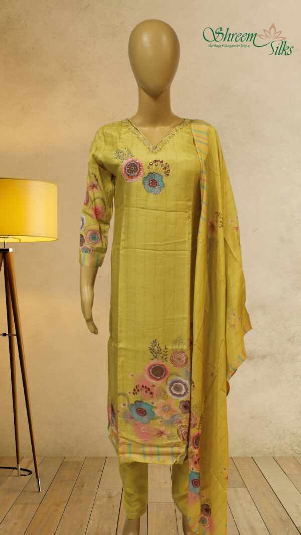 Yellow Floral Prints with Zardosi Neck Embroidery Kurta Set