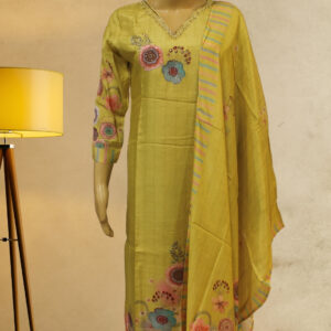 Alternative view of Yellow Floral Prints with Zardosi Neck Embroidery Kurta Set