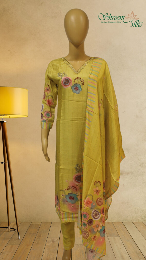 Yellow Floral Prints with Zardosi Neck Embroidery Kurta Set - Image 2