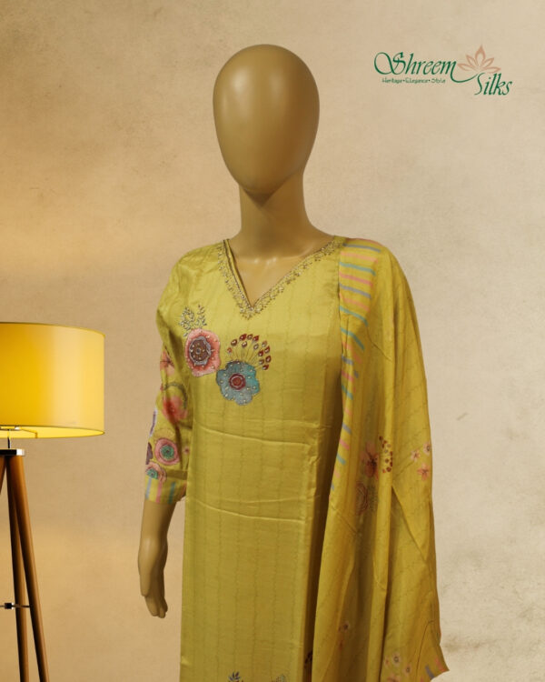 Yellow Floral Prints with Zardosi Neck Embroidery Kurta Set - Image 3