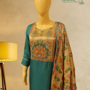 Alternative view of Peacock Green & Brown with Kalamkari Print Kurta Set