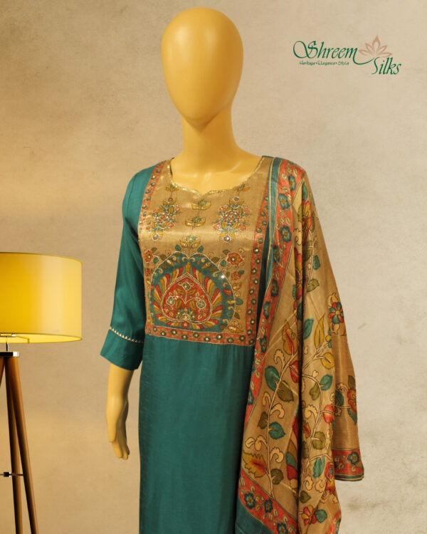 Peacock Green & Brown with Kalamkari Print Kurta Set - Image 2