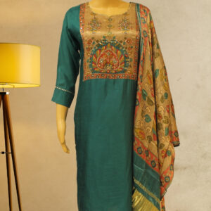 Peacock Green & Brown with Kalamkari Print Kurta Set