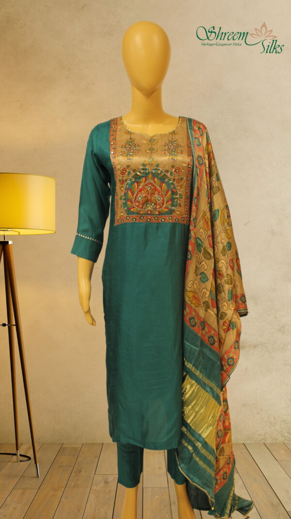 Peacock Green & Brown with Kalamkari Print Kurta Set