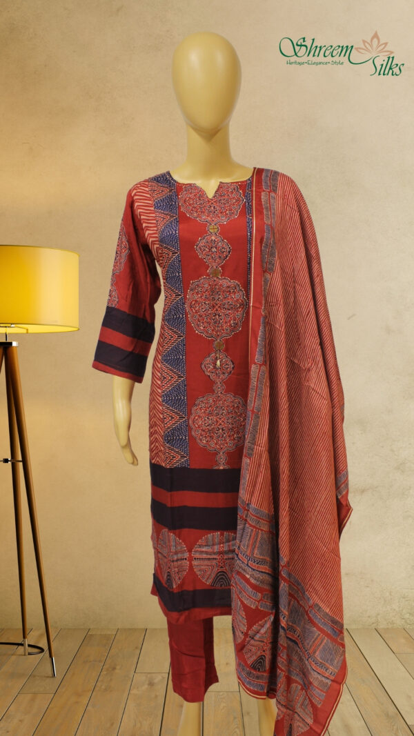 Red & Blue Ajrak Print Kurta Set