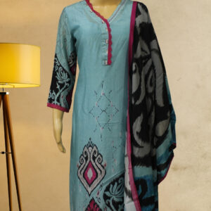 Teal Blue & Black Ikkat Print Kurta Set
