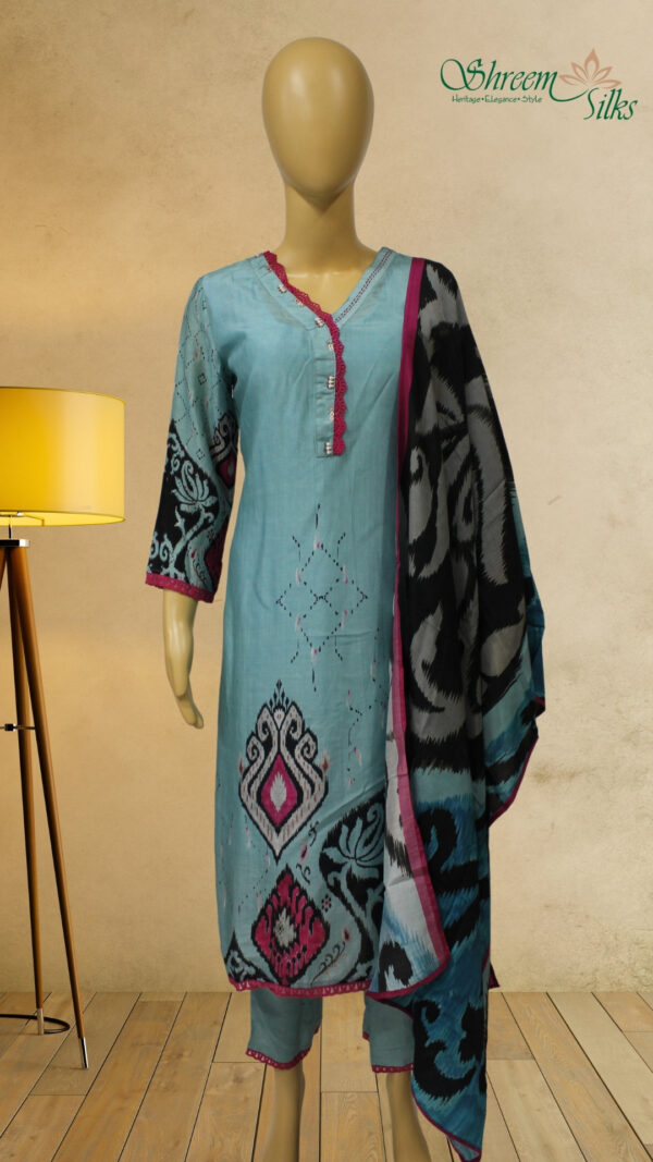 Teal Blue & Black Ikkat Print Kurta Set