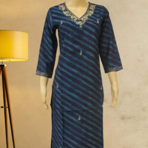 Blue & Navy Blue Diagonal Stripes Neck Embroidery Kurta Set