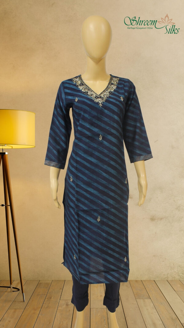 Blue & Navy Blue Diagonal Stripes Neck Embroidery Kurta Set