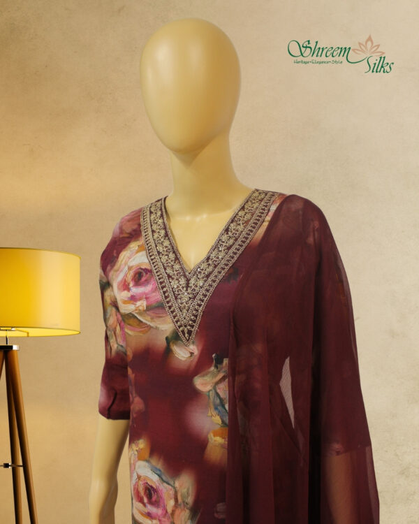 Wine Printed with Neck Zardosi Work Kurta Set - Image 2