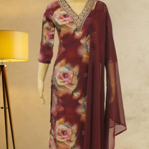 Wine Printed with Neck Zardosi Work Kurta Set