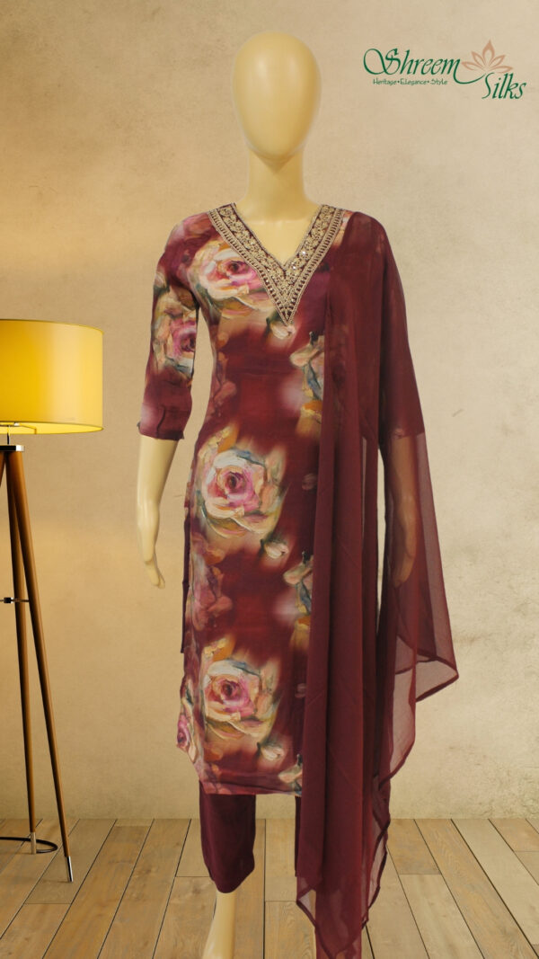 Wine Printed with Neck Zardosi Work Kurta Set