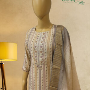 Alternative view of Beige & Brown Vertical Prints with Neck Embroidery Kurta Set